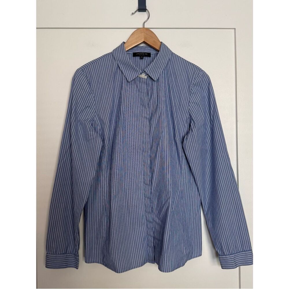 Lafayette 148 Shirt Womens Sz 12 Blue White Striped Long Sleeve Preppy Office